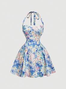 SHEIN MOD Đầm cổ yếm in hoa lãng mạn dành cho nữ - Nhiều màu - Xem 2