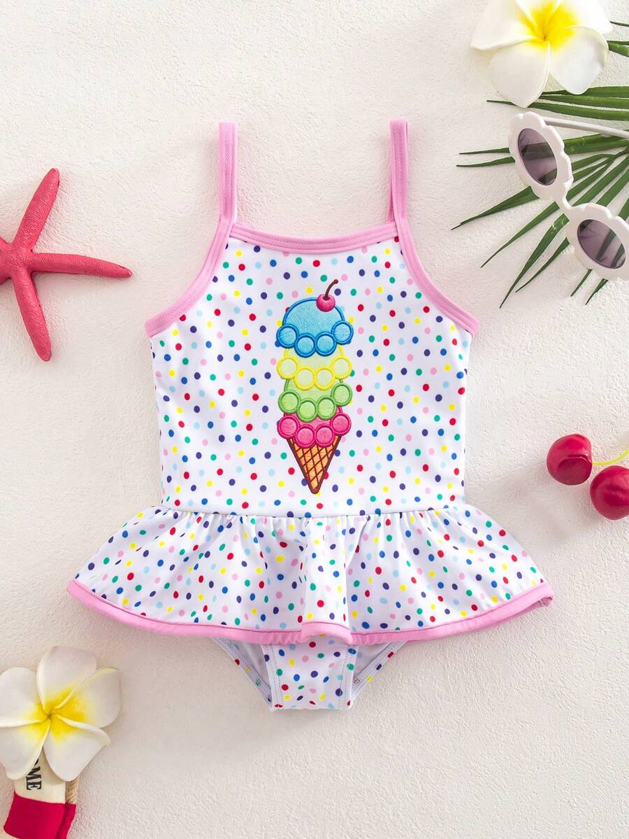 女婴全身印花连体泳衣，适合夏季度假和海滩穿着 - 粉色 - 查看 1