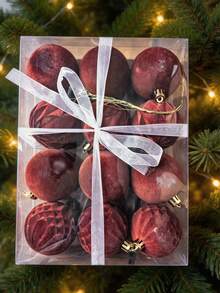 Christmas Tree Decorations 12 Pcs Velvet Ornaments For Christmas Tree, Mixed Sizes Flocked Ornaments For Xmas Holiday Hanging Decorations (Burgundy) - Multicolor - View 2