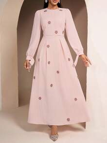 Solavon Women's Round Neck Raglan Sleeve Pleated Elegant Arabic Style Dress - Pink - View 7
