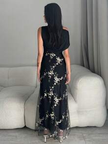 Modelyn 婚礼季、春夏休闲优雅通勤、日常约会、生日派对、办公室着装、简约小礼服、闺蜜聚会、小型宴会、派对、露肩褶皱网纱面料、刺绣花朵、拼接针织面料、杏色长裙、A字裙、女士长裙 - 黑色 - 查看 3