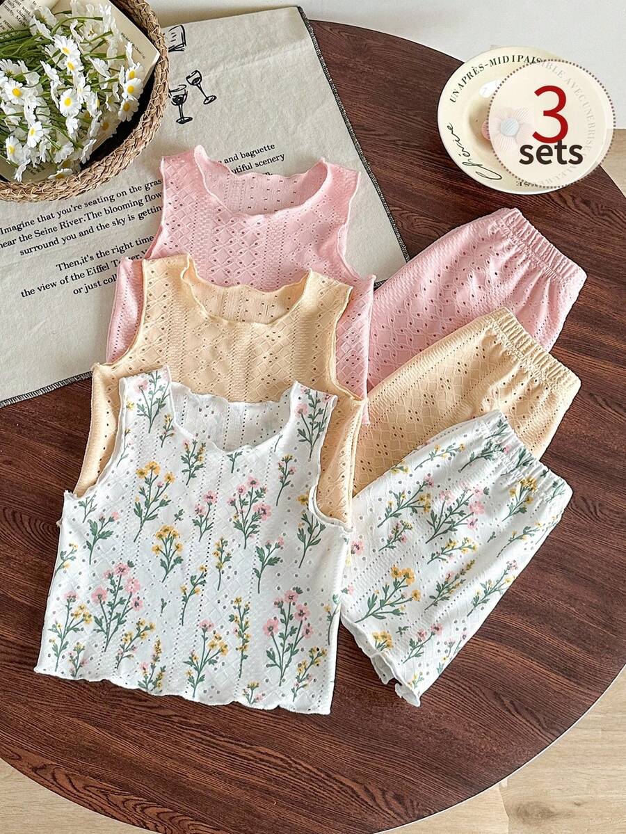 SHEIN Bộ 6 món cho bé gái 0-3 tuổi, kiểu dáng thường ngày, cơ bản, thích hợp đi nghỉ mát, chất liệu vải dệt kim mềm mại, áo không tay và quần short, có 3 màu: màu mơ, xanh lá cây nhạt và đen. - Nhiều màu - Xem 1
