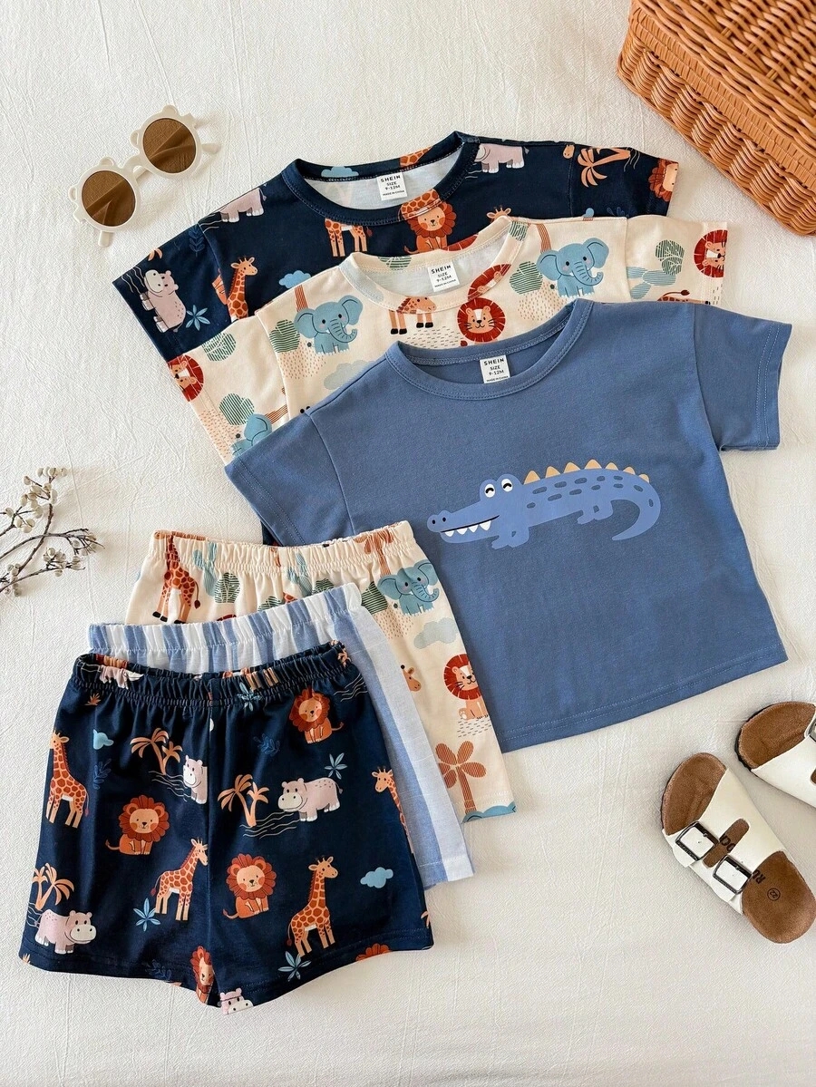 SHEIN 6件套男女宝宝/幼儿可爱动物印花短袖T恤短裤套装，睡衣，家居服套装，男婴夏季服装，睡衣 - 霧霾藍 - 查看 1