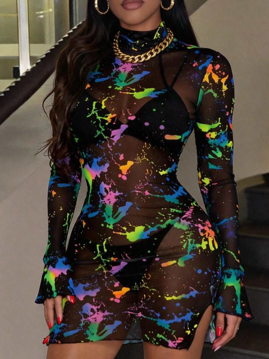 SHEIN SXY In Splash Ink Viền chia cắt Lưới Váy bodycon Không có bộ đồ lót - Nhiều màu - Xem 1