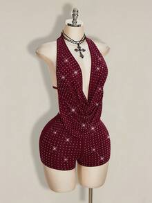 SHEIN ICON Bộ jumpsuit nữ màu đỏ tía, cổ khoét sâu, lưng đính đá lấp lánh. - Màu Đỏ Sâu - Xem 5