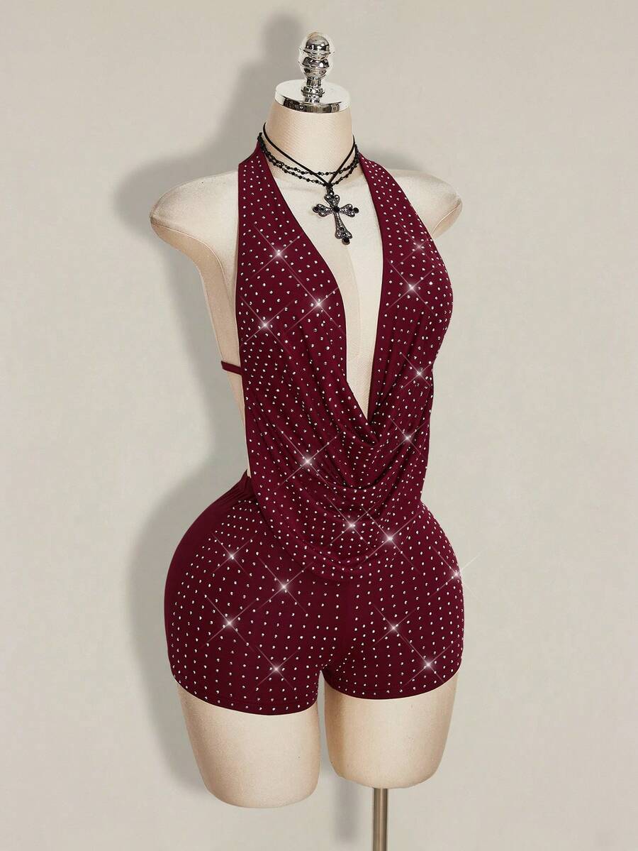 SHEIN ICON 女士酒红色深V领水钻露背连体裤 - 酒紅色 - 查看 1