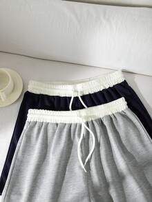 SHEIN 2件套少女弹力腰带时尚简约藏蓝色和灰色针织卫衣及宽松休闲短裤套装，适合春夏街头服饰 - 彩色 - 查看 5