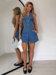 TRNVIE Bộ jumpsuit denim cổ ve áo phong cách thường ngày, thời trang, thích hợp cho kỳ nghỉ. - Rửa trung bình - Xem 3