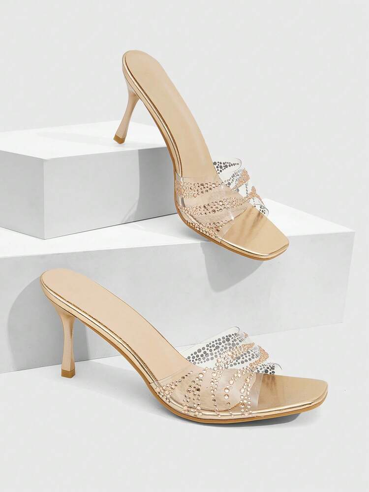 CUCCOO SZL Women's Square Head Mid-Heel Fashionable Transparent Rubber Rhinestone Shiny High Heels, Comfortable And Simple Stiletto Shoes, Summer Dinner Style High-Heeled Sandals