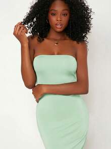 SHEIN BASICS Solid Split Hem Tube Casual Dinner Dating Dress Summer Outfit For Women - Mint Green - View 4