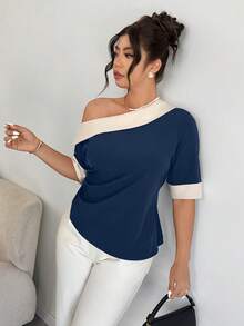 Elenzga Áo kiểu dáng rộng rãi, phối đen trắng, vai lệch, eo thắt, thích hợp cho mùa xuân/hè. - Màu xanh hải quân - Xem 4