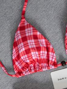 Swim Mod Spring/Summer Beach Pink Plaid Halter Bikini 2 Pieces Set - Multicolor - View 5