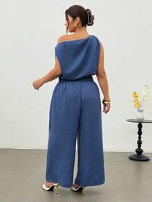 Firerie Plus Size Women's Open Shoulder Sleeveless Blouse & Elastic Waist Wide Leg Pants Set, Dark Blue, Sommar, Casual, Everyday Two Pieces Set For Party, Commute - Blue - View 4