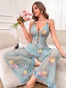 Slumberist Set Piyama Camisole dan Celana Jacquard dengan Gesper Berlian Bentuk Hati - Hijau - View 6