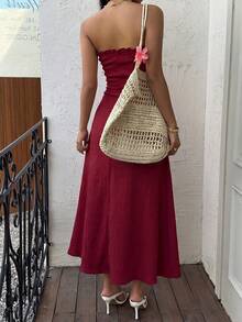 Sunnyshic Women's Casual Textured Front Drawstring Dress, Summer - Burgundy - View 2
