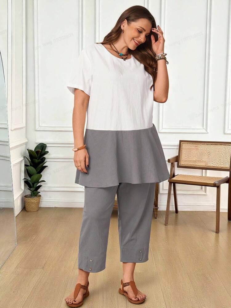 2pc Set  Plus Size Women's Summer Casual Vacation Country Round Neck Short Sleeve Patchwork Contrast Color Pocket Shirt And 3/4 Pants 2 Piece Set, Spring/Summer,Summer\Vacation,Summer Holiday,Spring Break Outfits ,Vacation Outfits Women ,Holiday Outfits For Women,Going Out Outfits,2026 New Clothes,Simple And Fashionable For Everyday Wear,Suitable For Summer, Vacation, Daily Wear,Modest Two Piece Set, Plus Size Summer Sets,Plus Size Pants Set,Boho Set,Boho Pants Set For Women,2 Piece Casual Sets Woman, Short Sleeve Two Piece Set,Two Piece Set Women Comfy