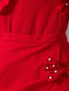 Tween GirlsRibbed Sleeveless Pearl Ruffle Top And Solid Bow Skirt 2 Pieces Casual Set For Summer - Red - View 7