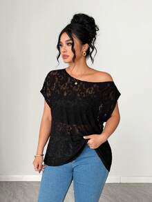 SHEIN Elenzya Áo thun nữ ren xuyên thấu gợi cảm mới về, thời trang mùa hè. - màu đen - Xem 4