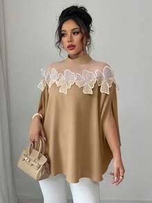 SHEIN Clasi 女士休闲蕾丝网纱拼接开衩袖立领衬衫，适合春、夏、秋季穿着 - 卡其色 - 查看 4