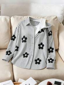 SHEIN 1 pieza Camisa de manga larga a rayas verticales 2 en 1 con hombros oblicuos y cuello para adolescentes, adecuada para uso casual y laboral, primavera/verano - Negro - Ver 3