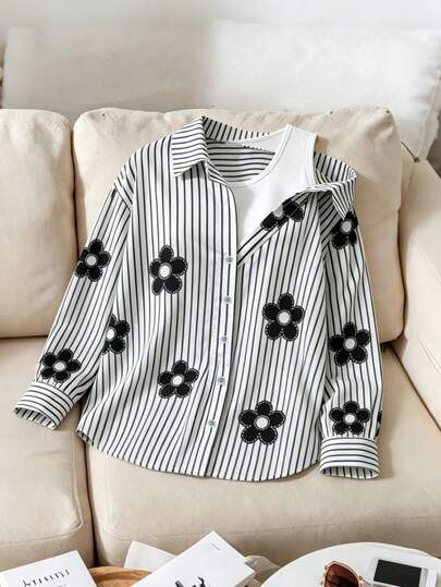 SHEIN 1pc Teenage Girls' Collared Oblique Shoulder 2 In 1 Vertical Striped Long Sleeve Shirt, Suitable For Casual And Work Wear, Spring/Summer
