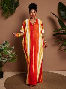 Maweii Plus Size Women's Vacation Dress, Yellow Ombre Color Block Print, V-Neck Design, Spring/Summer New Versatile Boho Long Sleeve Maxi Dress - Multicolor - View 5