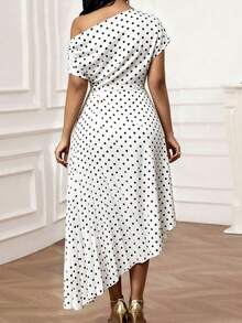 SHEIN Lady Plus Size Women's Polka Dot Pattern Asymmetric Neck Pleated Hem Elegant Dress - Black and White - View 2