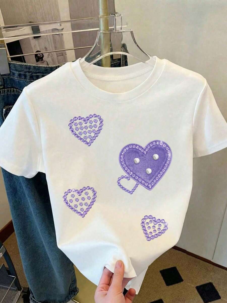 Camiseta de manga corta de cuello redondo ajustada, de estilo minimalista casual para niña preadolescente, con patrón de corazones con efecto de denim elegante y retro, en color blanco, adecuada para uso diario en primavera/verano, estilo callejero, salidas, vacaciones, regreso a la escuela, primavera y verano, cómoda, casual de verano, top de manga corta de verano, estilo elegante retro - Multicolor - Ver 1