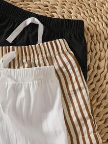 SHEIN 3pcs/Set Infant Toddler Casual Striped & Solid Color Soft Comfortable Shorts, Versatile Daily & Party Wear, 0-1 Year Old, Summer New Arrival - Black - View 5