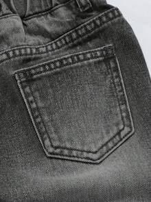Boys' Summer 80s Denim Shorts,Fashionable Street Style Light Blue Washed Effect Distressed Ripped Details,Elastic Waistband Design,Versatile Fit - Dark Grey - View 7