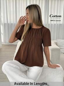 SHEIN PETITE CURVE 大码纯棉休闲通勤短袖衬衫，夏季时尚女式衬衫，优雅女式上衣，外出上衣，棕色纯棉衬衫，咖啡棕色上衣，休闲上衣 - 巧克力棕 - 查看 6