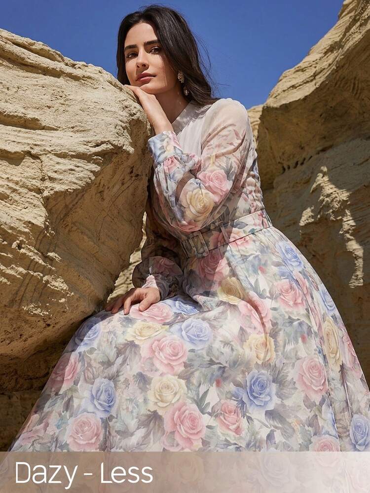 Women's Long Ditsy Floral Dress, Romantic Casual Waist-Cinched Elegant Dress For Spring And Summer