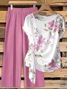 EMERY ROSE Conjunto de 2 piezas de camisa con nudo y pantalones con estampado floral para tallas grandes, estilo casual de verano - Verde - Ver 5