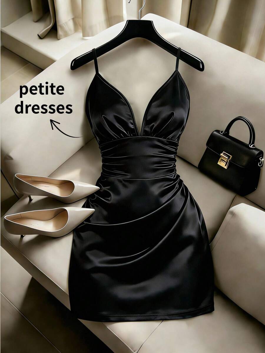 SHEIN PETITE Đầm satin thanh lịch dành cho nữ - màu đen - Xem 1