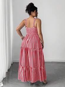 SHEIN Elenzya Đầm eo xếp ly cổ yếm kẻ sọc dọc dành cho nữ cỡ lớn - Đỏ - Xem 2