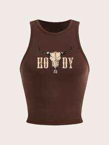SHEIN Slayr Áo tank top nữ cỡ lớn kiểu dáng tối giản in họa tiết sừng bò, thích hợp cho mùa hè. - màu nâu - Xem 2