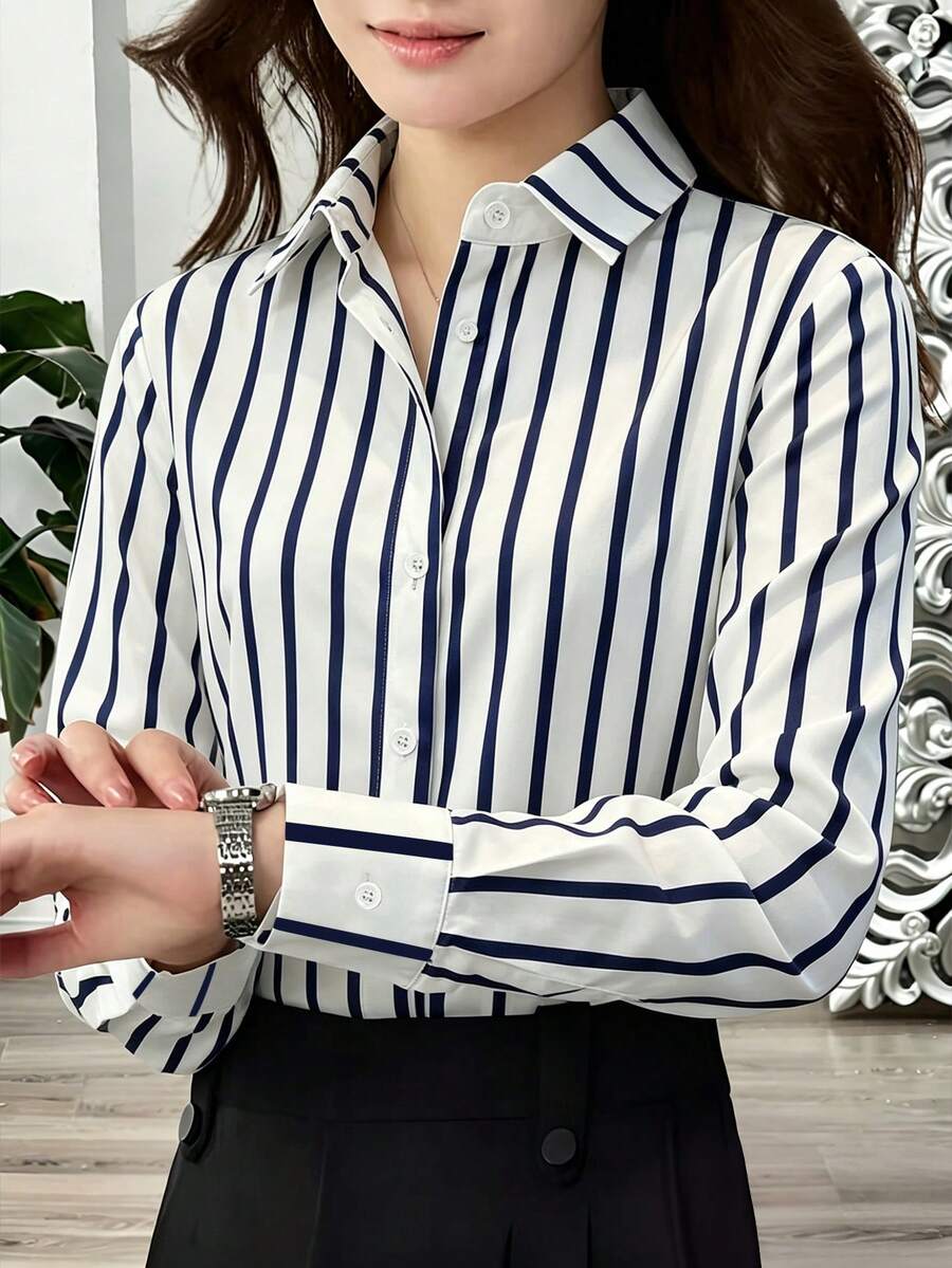 SHEIN 女士休闲长袖条纹单排扣衬衫 - 彩色 - 查看 1