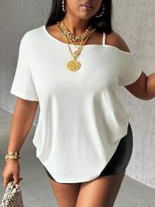 Slaydiva Plus Size Women Summer Casual Daily Commute Simple Solid Color Asymmetrical Neck Loose T-Shirt - White - View 3