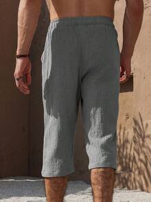 VENTUSAIL Quần lửng nam màu trơn bằng cotton, có dây rút ở eo và túi, kiểu dáng thường ngày, đa năng, chất liệu vải lanh. - Màu xám đen - Xem 2
