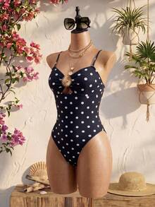 Bonvoyette 1pc Women's One-Piece Swimsuit,Navy Blue Polka Dot,Summer,Tropical,Holiday,Vacation,Holiday,Cutout Front Spaghetti Strap,Metal Decor,Bathing Suits - Black - View 4