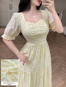 Modelyn Women's Soft Yellow Square Neck Vintage Hollow Out A-Line Dress,White Floral,Summer,Elegant,Graduation Wedding Guest Tea Party Sun Dress - Butter Yellow - View 5