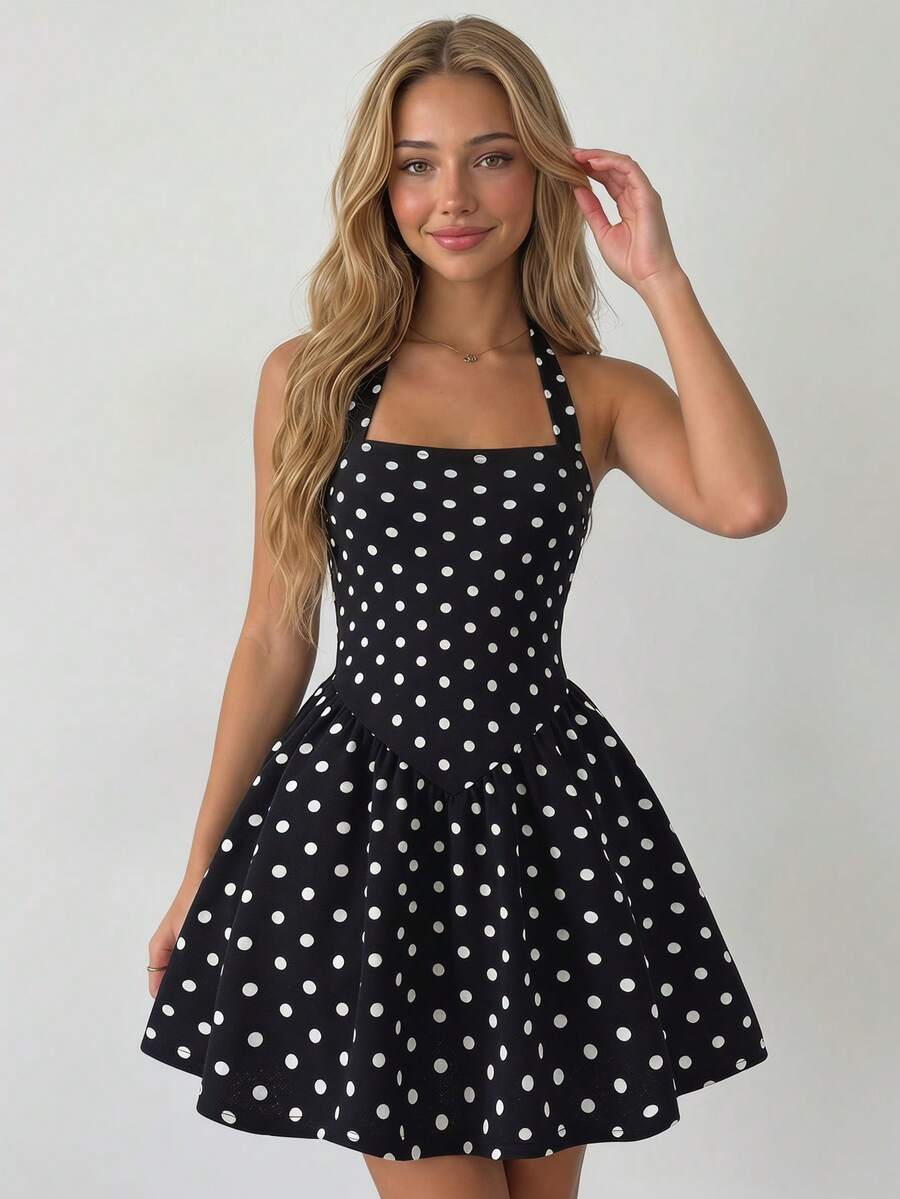 Elegant Black And White Polka Dot Halter Mini Dress,Summer Party Beach Vacation Ruched Front Layered Ruffle Hem Textured Fabric For Young Women - Black - View 1