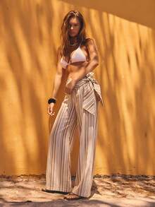 Aralina Chic Vertical Stripe Wrap Waist Wide Leg High Rise Relaxed Silhouette Lightweight Flowy Summer Statement Pants - Khaki - View 4