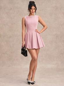 SHEIN BAE Váy ôm sát dáng chữ A cổ chéo màu đen tối giản, váy mùa hè đơn giản gợi cảm, thích hợp cho ngày lễ tình nhân, tiệc cưới phù dâu, váy đen nhỏ thanh lịch - Màu Hồng  San hô - Xem 4