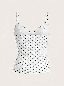 SHEIN MOD Áo hai dây ôm sát cơ thể dành cho nữ, phối ren tương phản chấm bi và nơ trang trí. - trắng - Xem 2