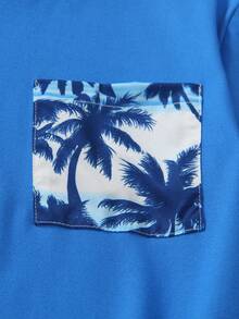 SHEIN Vacaura 两件套大童夏季度假风亮蓝色T恤套装，配有数码口袋和椰树印花短裤，适合海滩、露营、休闲、郊游、返校、春夏穿着。 - 藍色 - 查看 4