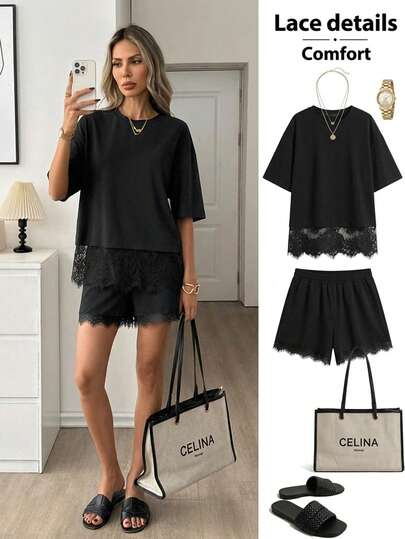 Easowa Set de 2 piezas de camiseta de manga corta con cuello redondo y dobladillo de encaje + shorts cortos con dobladillo de encaje de algodón negro para mujer, adecuado para looks casuales, románticos y de vacaciones
