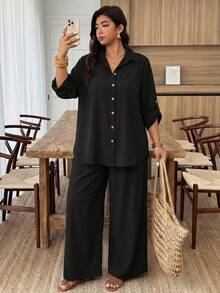 SHEIN CURVE+ Bộ đồ nữ thường ngày 2 mảnh, áo sơ mi cổ bẻ một hàng cúc màu trơn kiểu dáng công sở và quần ống rộng cạp cao. - màu đen - Xem 3