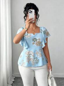 SHEIN Clasi 大码女装春夏刺绣3D印花柔软面料优雅荷叶袖修身衬衫，休闲通勤办公穿着，百褶迷你裙，百搭上衣，适合新年派对、毕业典礼、情人节、音乐节、母亲节、万圣节、感恩节、复活节、国庆节、舞会、约会、婚礼、户外活动等场合。 - 淺藍色 - 查看 1