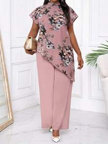 SHEIN Lady Bộ đồ hai mảnh bốn mùa dành cho nữ, bộ đồ hai mảnh mùa thu, bộ đồ hai mảnh thường ngày thanh lịch, bộ đồ hai mảnh màu hồng in hoa dệt kim cổ đứng, bộ đồ hai mảnh nhiều lớp thanh lịch dành cho nữ mùa thu, bộ đồ hai mảnh mới dành cho nữ, bộ đồ hai mảnh thường ngày cỡ lớn dành cho nữ. - Màu Hồng baby - Xem 4